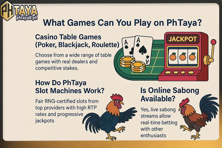 Online casino offering poker, blackjack, roulette, RNG-certified slots, and live sabong betting in the Philippines