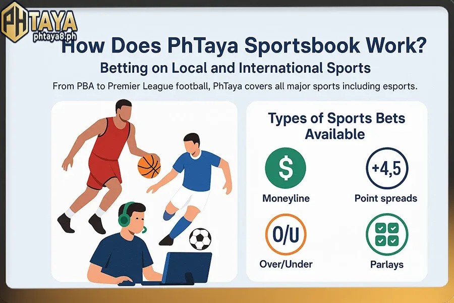 PhTaya sportsbook platform offering betting on PBA, Premier League, esports and more with moneyline, point spreads, over/under, and parlays.